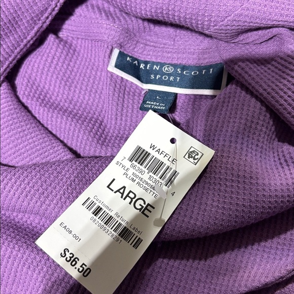 Karen Scott Waffle Knit,loose turtle neck,long sleeve,slit side,top,plum rosette - Picture 6 of 8